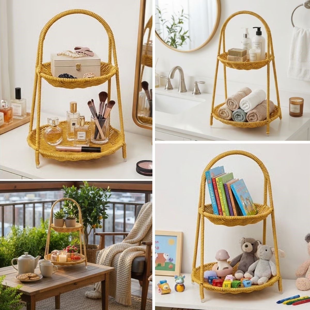 Plastik Rattan İki Katlı Sunumluk–Dekoratif Organizer, Mutfak Meyve,Sebze Sepeti, Banyo Düzenleyici Raf,Masaüstü Çok Amaçlı Sunum Standı (5563) #2