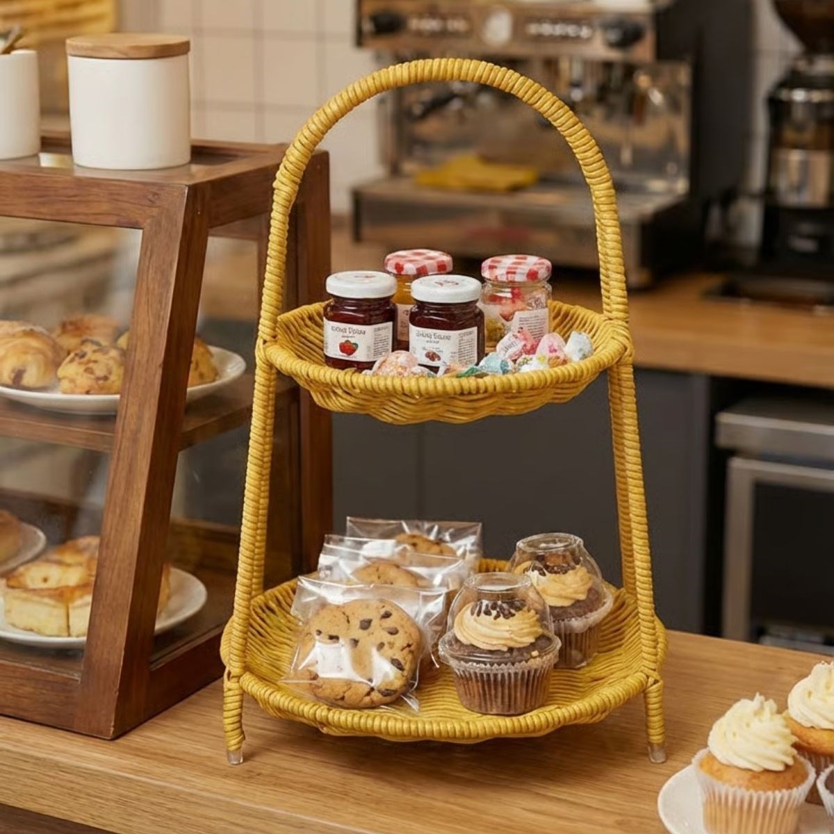 Plastik Rattan İki Katlı Sunumluk–Dekoratif Organizer, Mutfak Meyve,Sebze Sepeti, Banyo Düzenleyici Raf,Masaüstü Çok Amaçlı Sunum Standı (5563) #3
