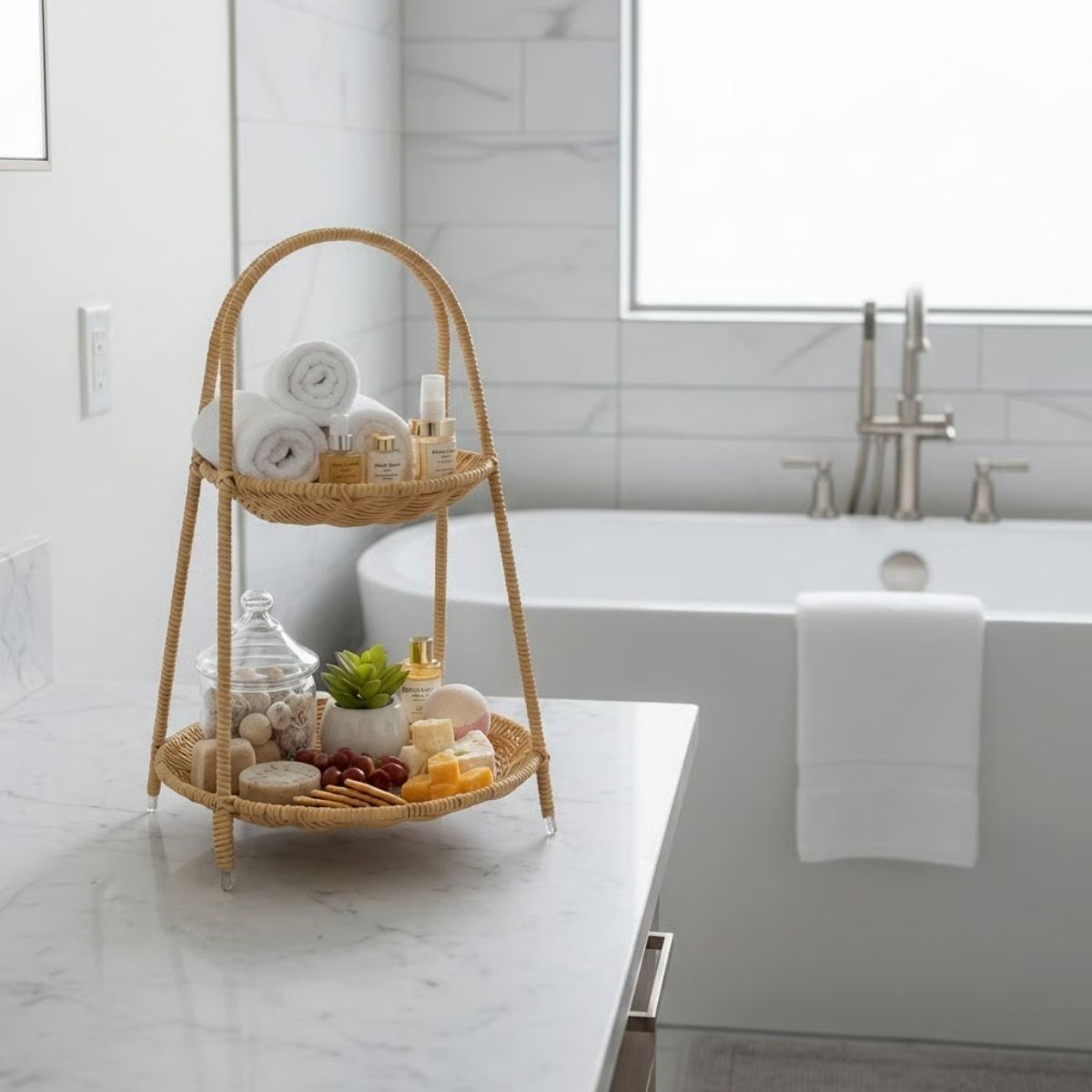 Plastik Rattan İki Katlı Sunumluk–Dekoratif Organizer, Mutfak Meyve,Sebze Sepeti, Banyo Düzenleyici Raf,Masaüstü Çok Amaçlı Sunum Standı (5563) #4