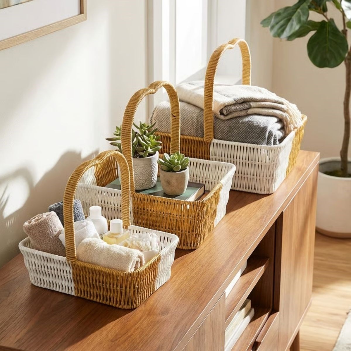 İç İçe Geçebilen 3’lü Çift Renkli Dikdörtgen Formlu Kalp Saplı Plastik Rattan Sepet Seti – Hasır Görünümlü Çok Amaçlı Organizerler (5563) #2