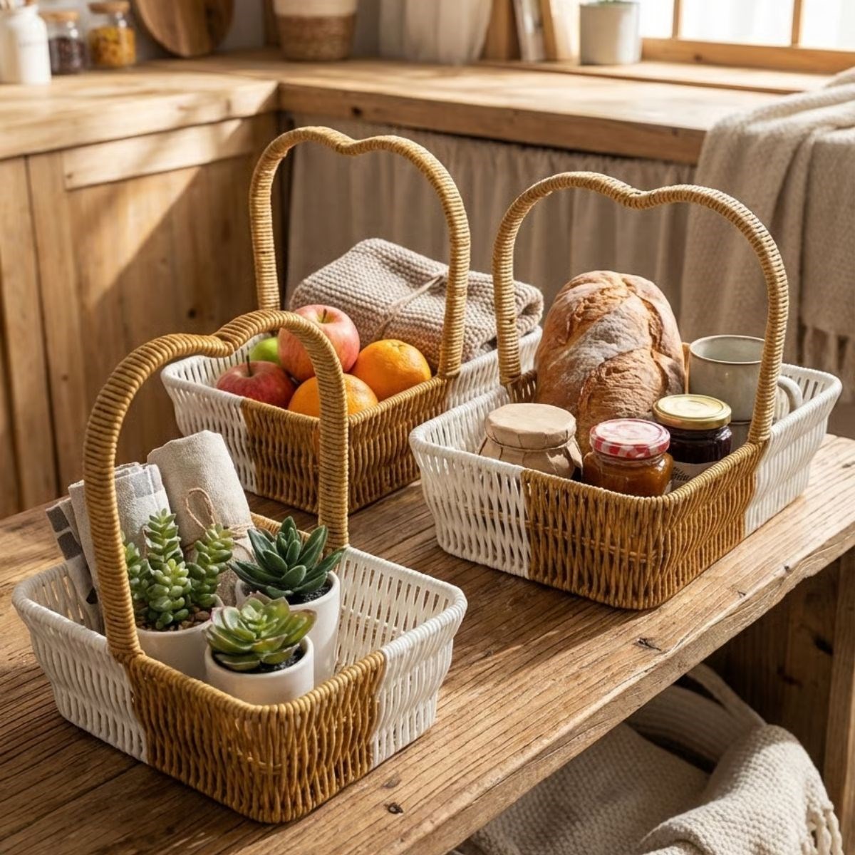 İç İçe Geçebilen 3’lü Çift Renkli Dikdörtgen Formlu Kalp Saplı Plastik Rattan Sepet Seti – Hasır Görünümlü Çok Amaçlı Organizerler (5563) #4