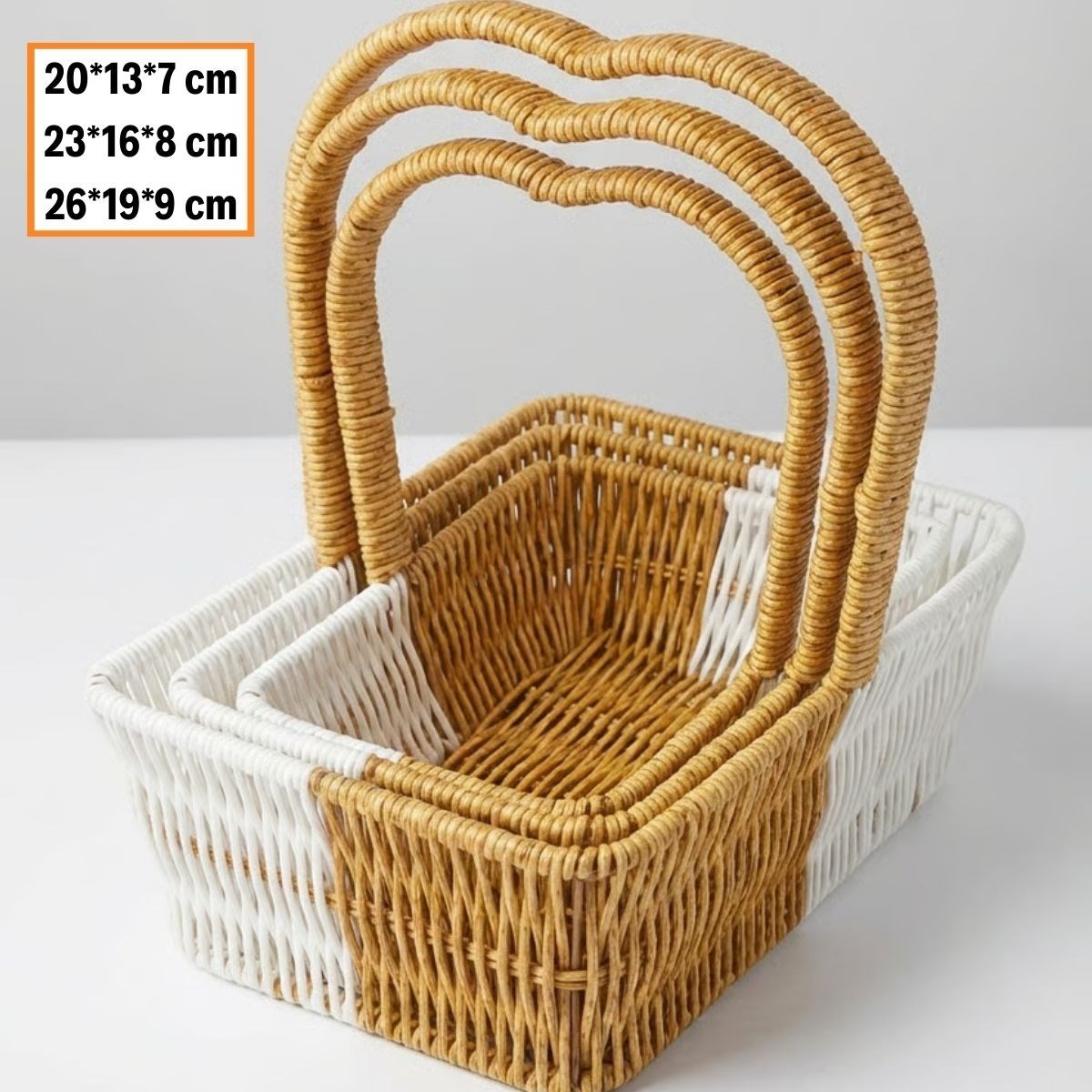 İç İçe Geçebilen 3’lü Çift Renkli Dikdörtgen Formlu Kalp Saplı Plastik Rattan Sepet Seti – Hasır Görünümlü Çok Amaçlı Organizerler (5563) #5