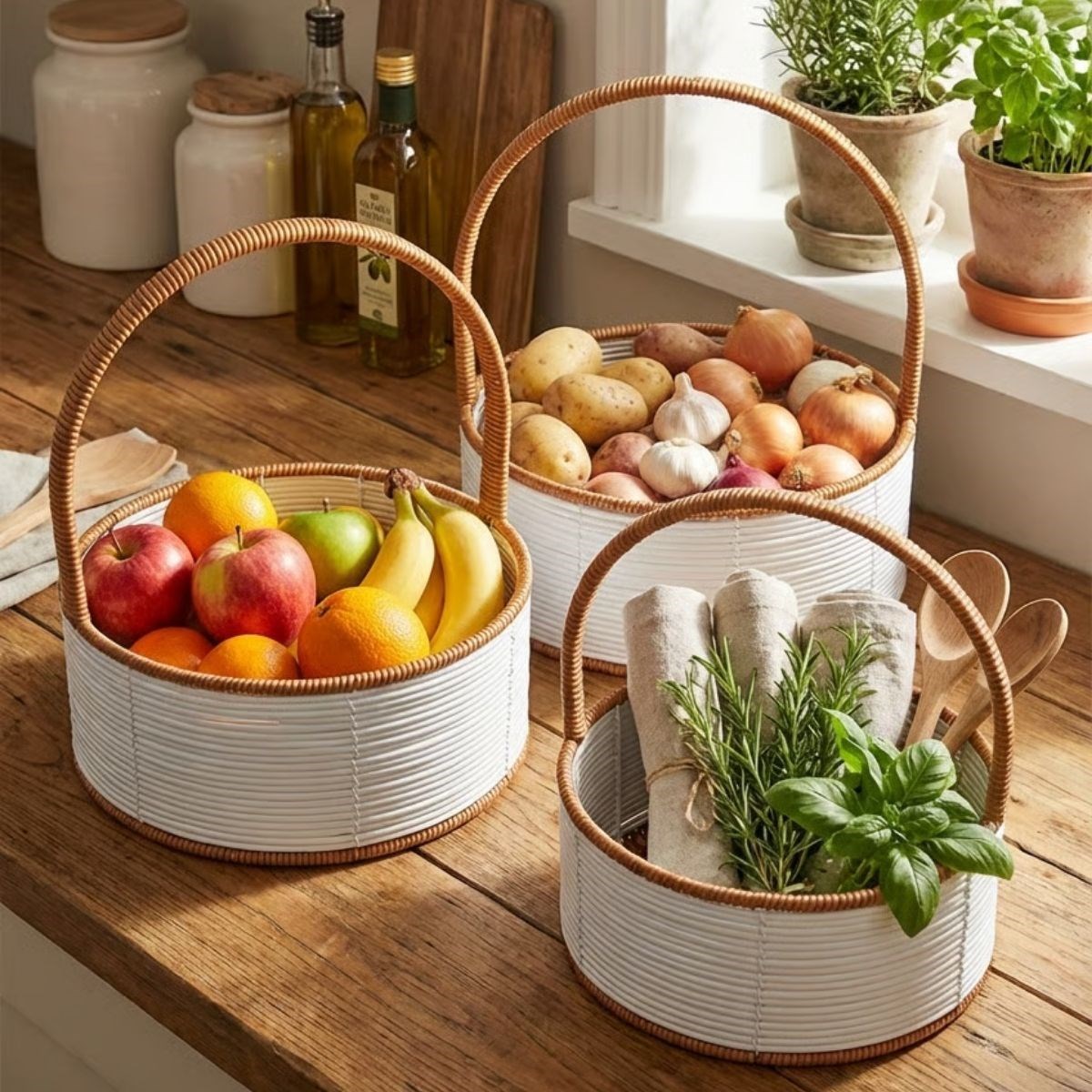 3-Size Nestable Plastic Rattan Baskets–White, Brown Handles