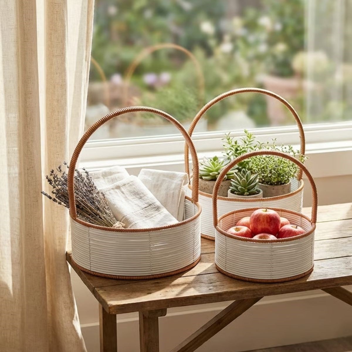 3 Boy İç İçe Geçebilen Plastik Rattan Sepetler–Beyaz Renkli,Kahverengi Saplı, Çok Amaçlı Düzenleyici ve Sunum Sepeti Seti (5563) #2