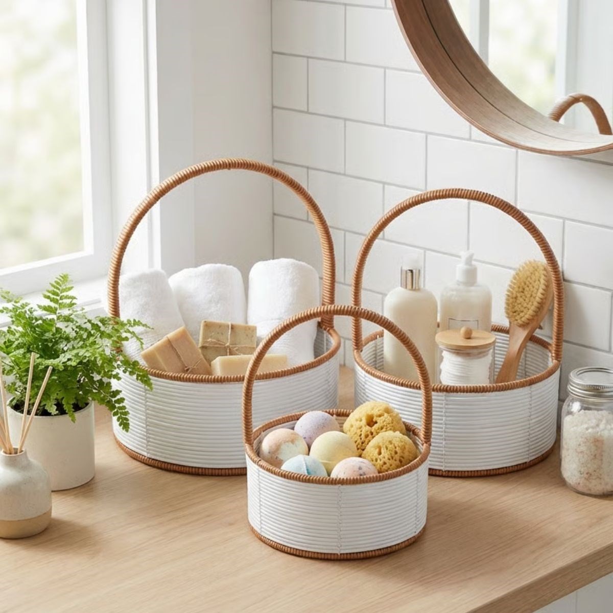 3 Boy İç İçe Geçebilen Plastik Rattan Sepetler–Beyaz Renkli,Kahverengi Saplı, Çok Amaçlı Düzenleyici ve Sunum Sepeti Seti (5563) #3