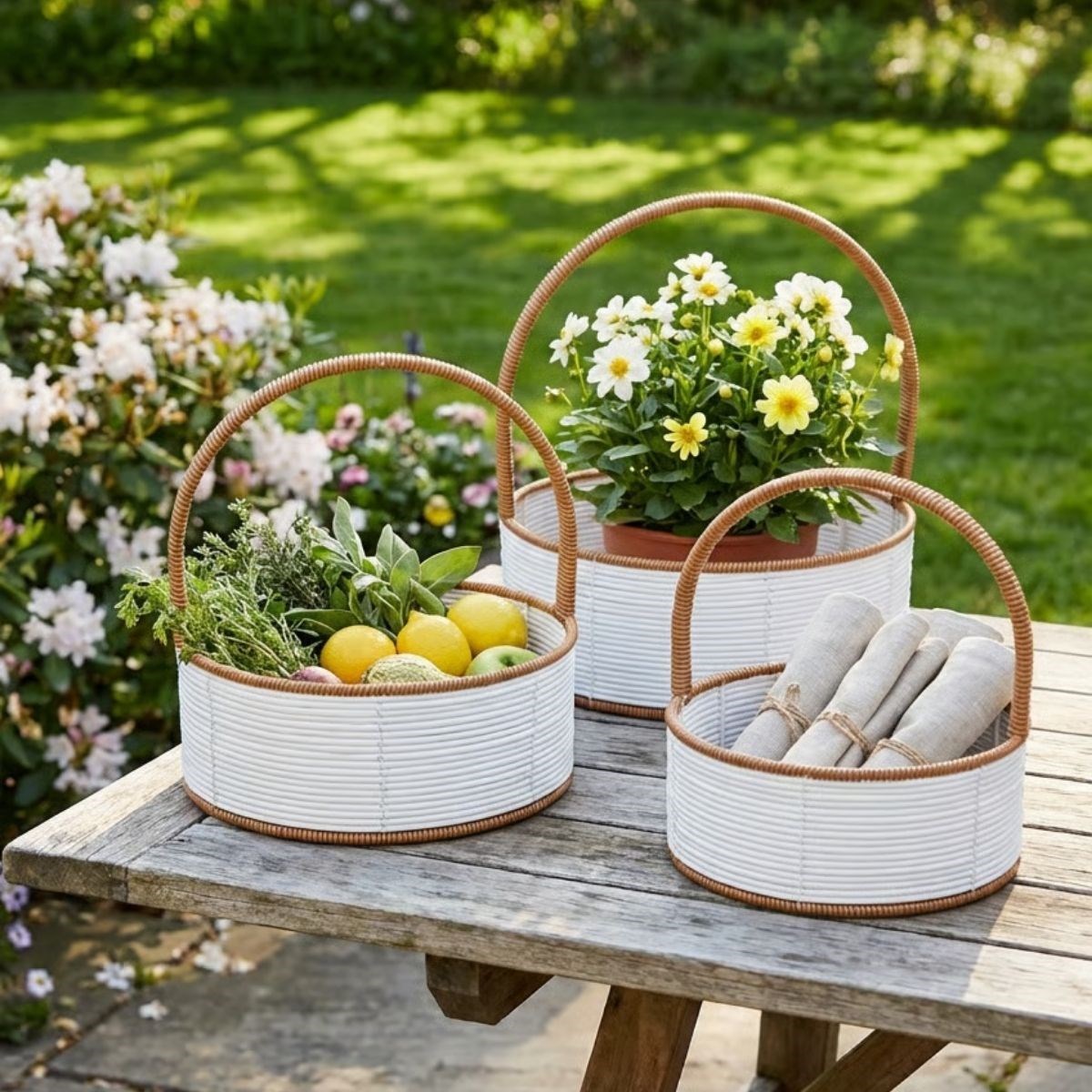 3 Boy İç İçe Geçebilen Plastik Rattan Sepetler–Beyaz Renkli,Kahverengi Saplı, Çok Amaçlı Düzenleyici ve Sunum Sepeti Seti (5563) #4