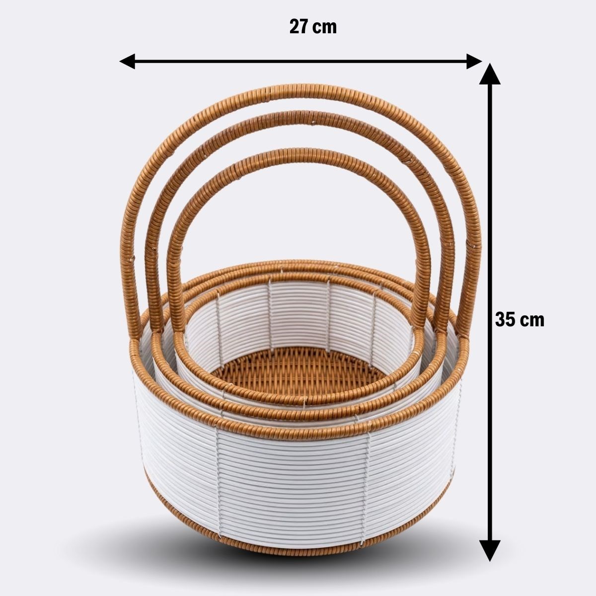 3 Boy İç İçe Geçebilen Plastik Rattan Sepetler–Beyaz Renkli,Kahverengi Saplı, Çok Amaçlı Düzenleyici ve Sunum Sepeti Seti (5563) #5