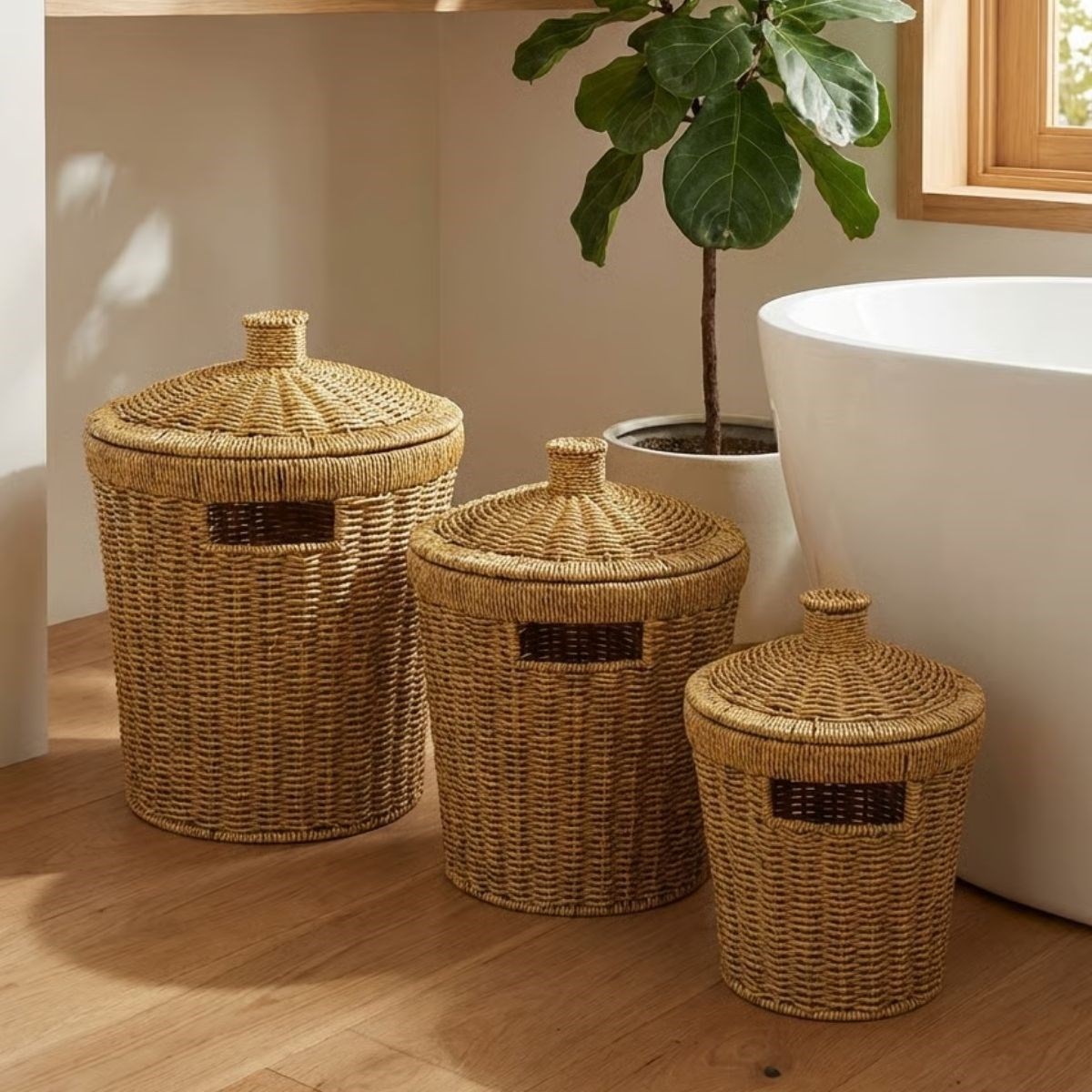 3-Piece Nesting Large Plastic Rattan Basket Set - Durable Mu