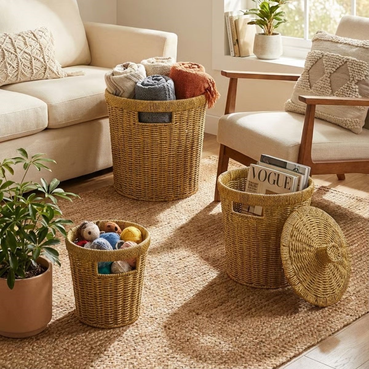 3-Piece Nesting Large Plastic Rattan Basket Set - Durable Multi-Purpose Home Organizer (5563) #3