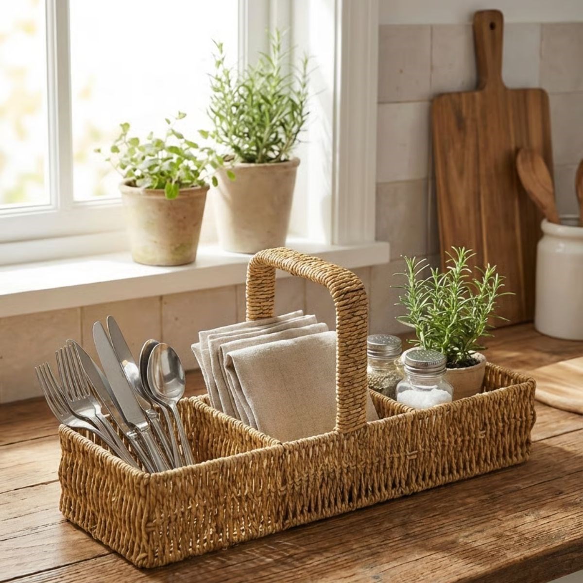 3-Compartment Plastic Rattan Organizer – Handle Desktop Stor