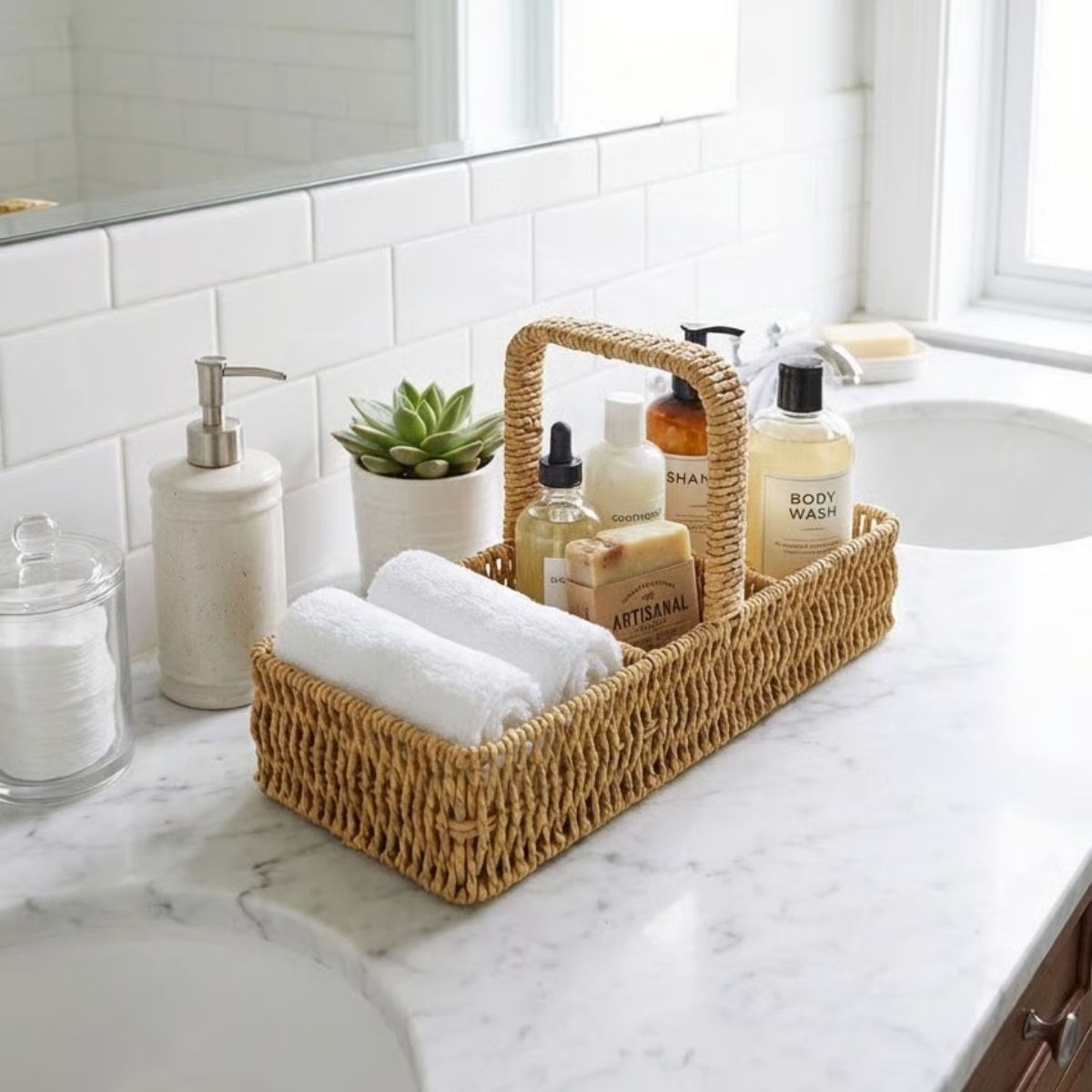 3-Compartment Plastic Rattan Organizer – Handle Desktop Storage, Kitchen & Bathroom #2