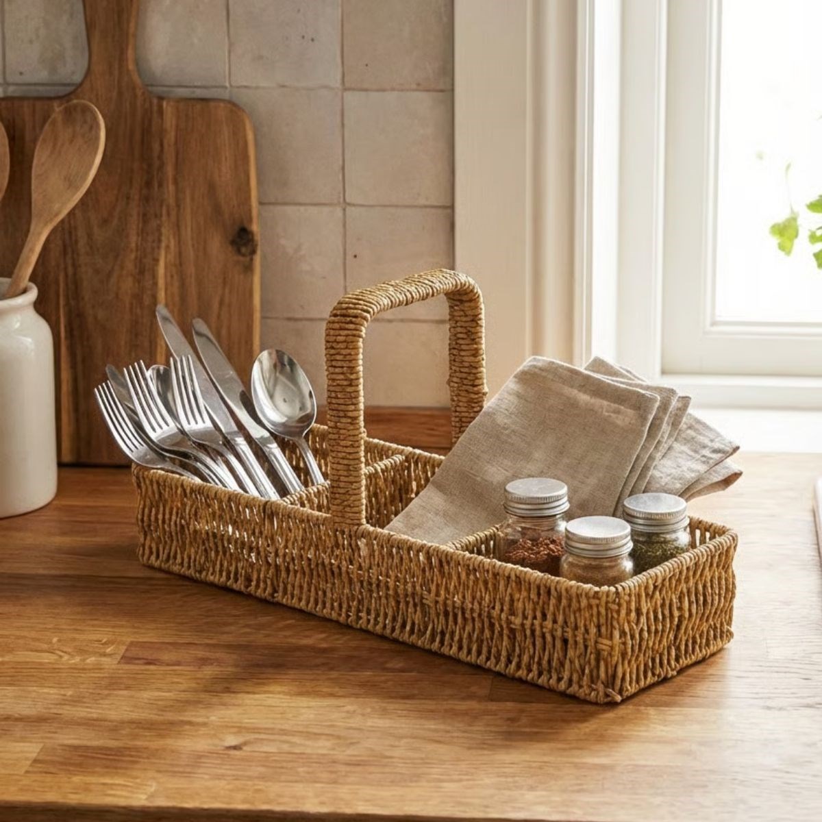 3-Compartment Plastic Rattan Organizer – Handle Desktop Storage, Kitchen & Bathroom #3