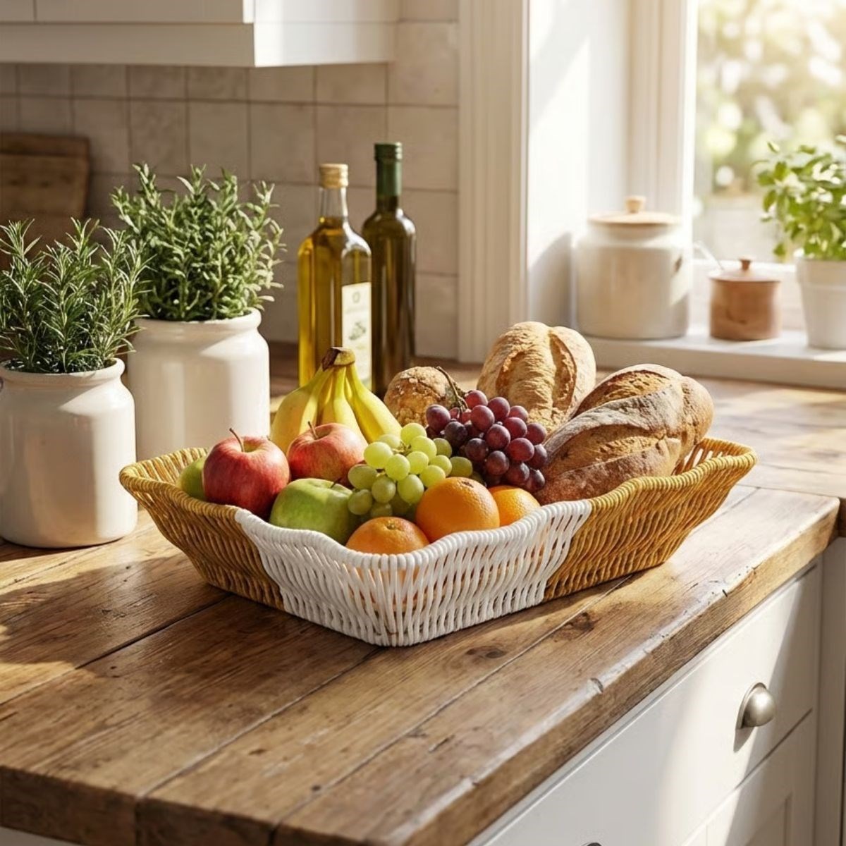 Rectangular Two-Tone Plastic Rattan Bread and Fruit Basket (