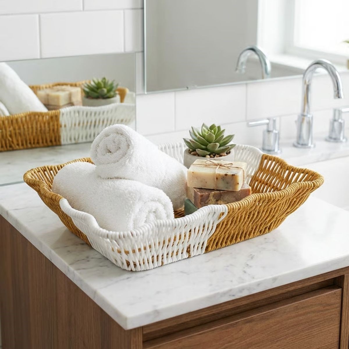 Rectangular Two-Tone Plastic Rattan Bread and Fruit Basket (5563) #2