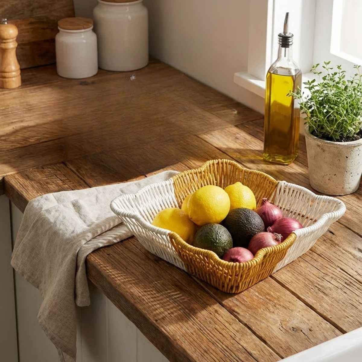 Square Wavy Two-Tone Plastic Rattan Bread & Fruit Basket - M