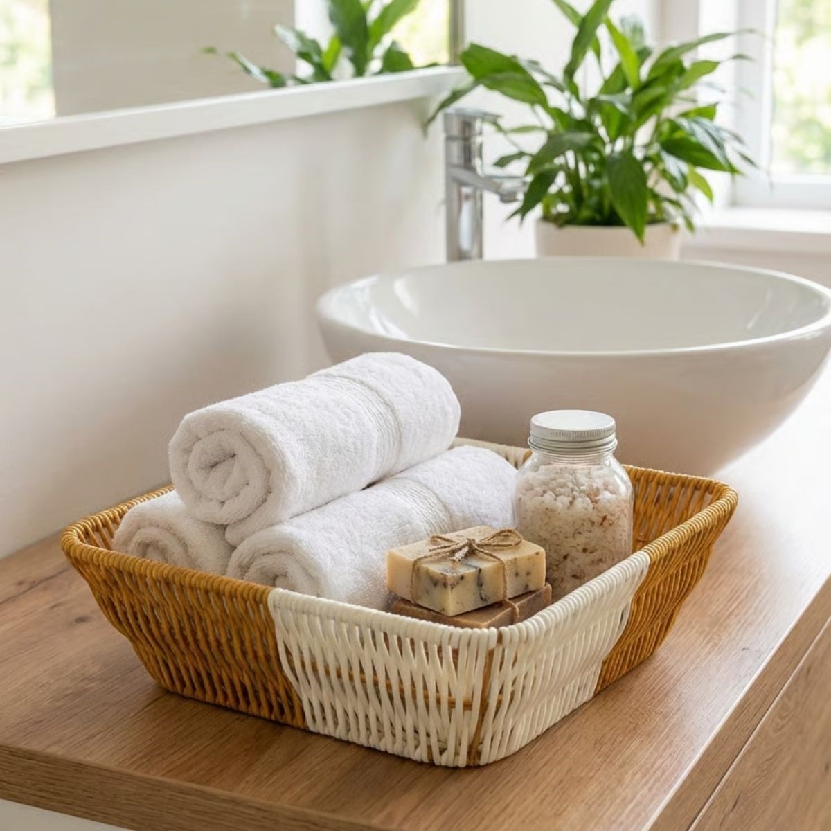 Square Two-Tone Plastic Rattan Bread & Fruit Basket - Multi-Purpose Organizer #2