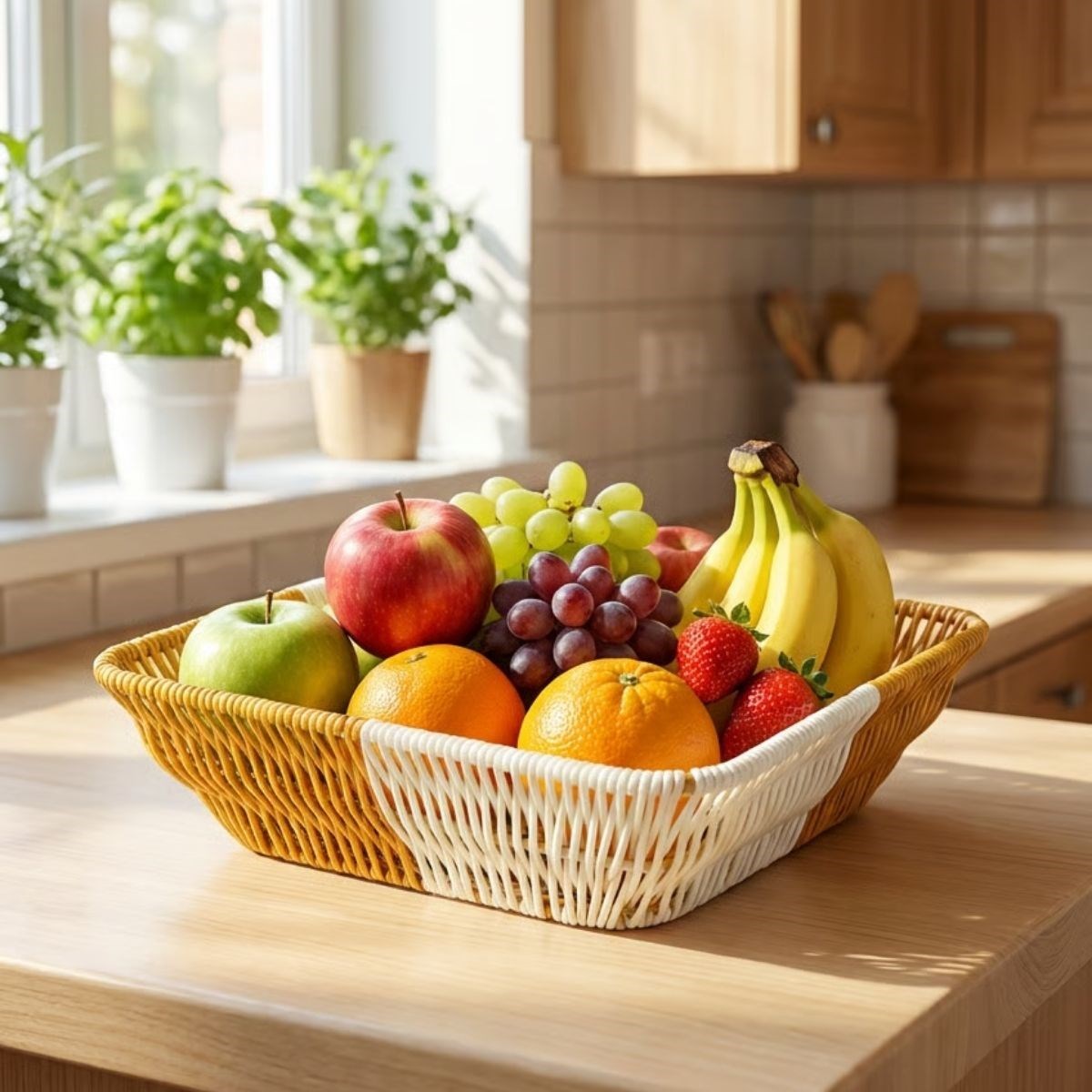 Square Two-Tone Plastic Rattan Bread & Fruit Basket - Multi-Purpose Organizer #3