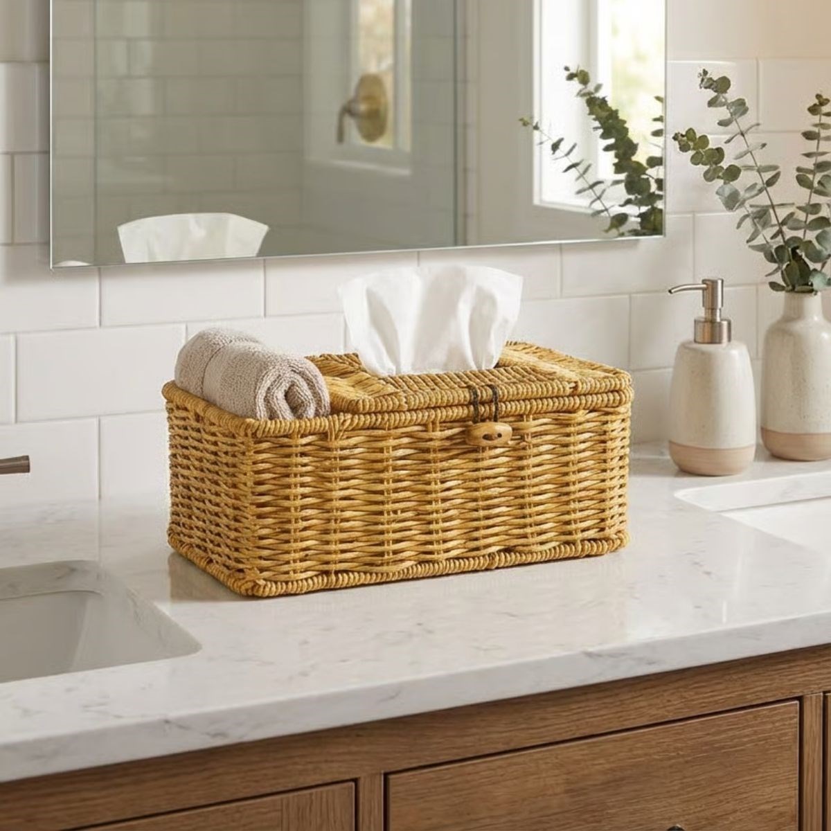 Compartmented Natural Rattan-Look Woven Makeup, Jewelry & Towel Organizer Basket (5563) #2