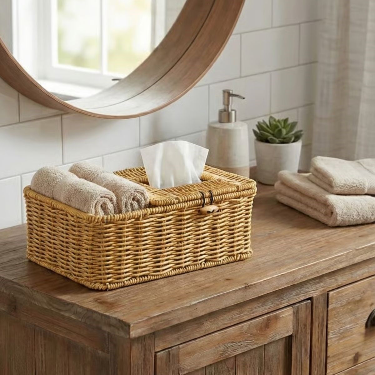 Compartmented Natural Rattan-Look Woven Makeup, Jewelry & Towel Organizer Basket (5563) #3