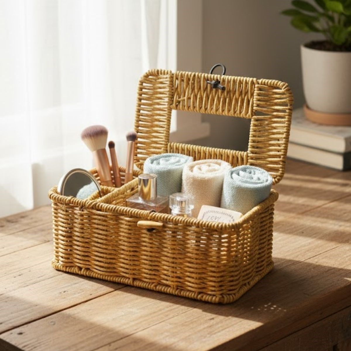 Compartmented Natural Rattan-Look Woven Makeup, Jewelry & Towel Organizer Basket (5563) #4