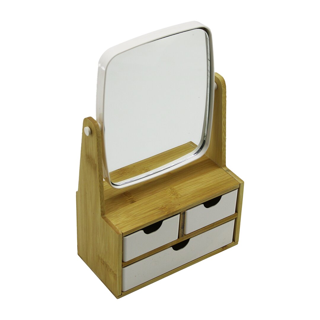 3-Drawer Bamboo Wood Stand Makeup Mirror Jewelry Organizer (