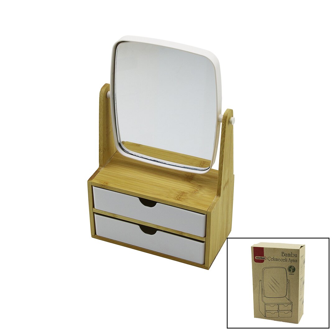 Bamboo Wood Stand Makeup Mirror Jewelry Organizer 1+1 with 2