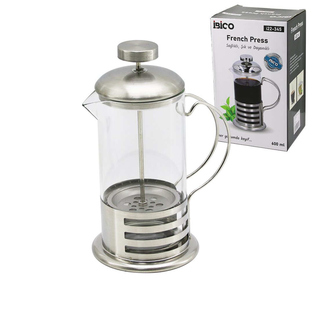 FRENCH PRESS METAL KAFES - METAL KAPAK 600ML CAM BİTKİ SÜZGE
