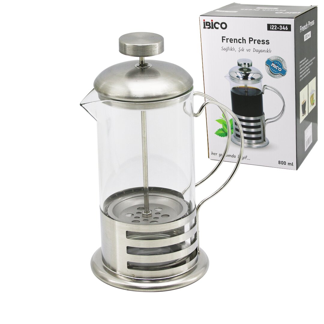 FRENCH PRESS METAL KAFES - METAL KAPAK 800ML CAM BİTKİ SÜZGE