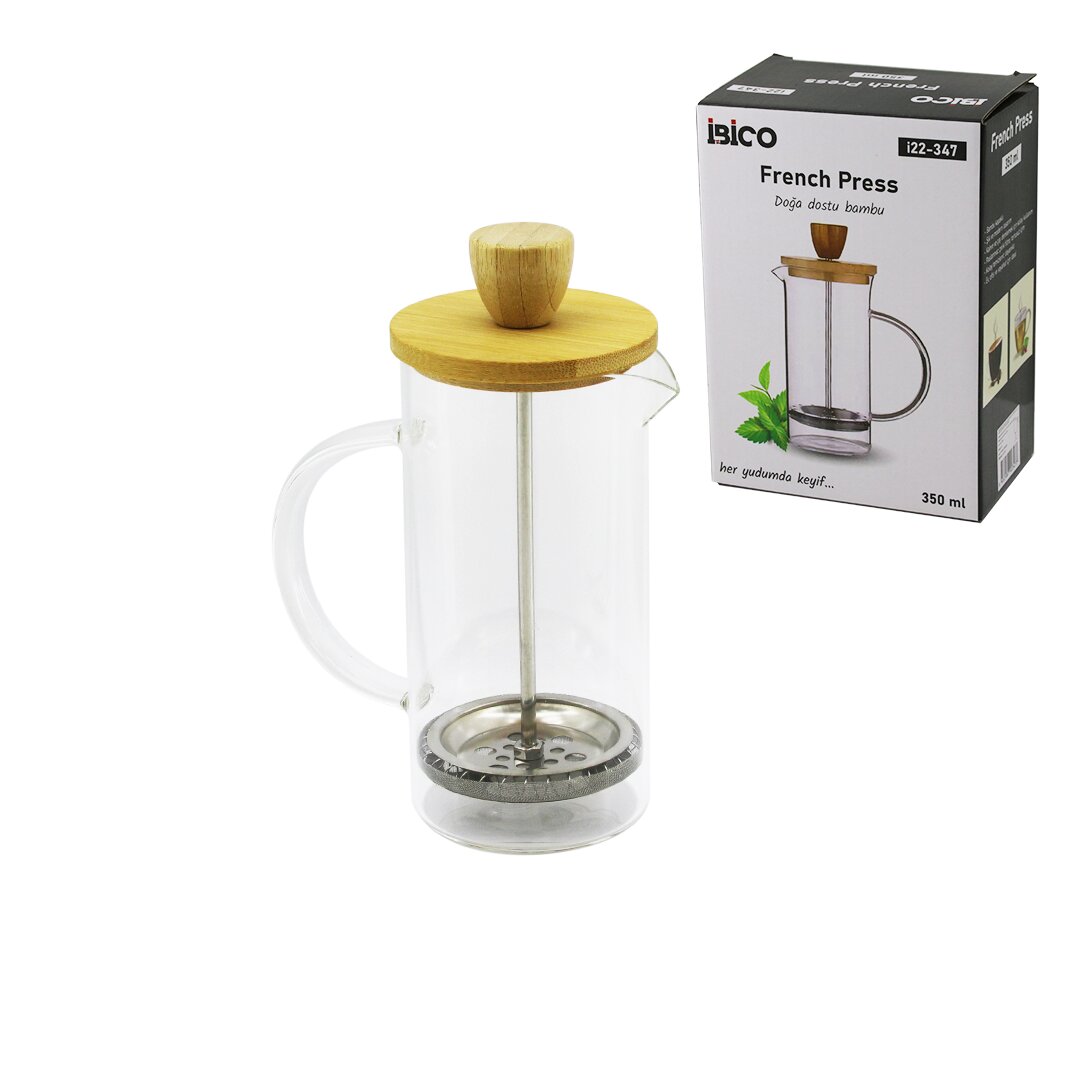 FRENCH PRESS BAMBU KAPAK 350ML CAM BİTKİ SÜZGEÇİ (5563)