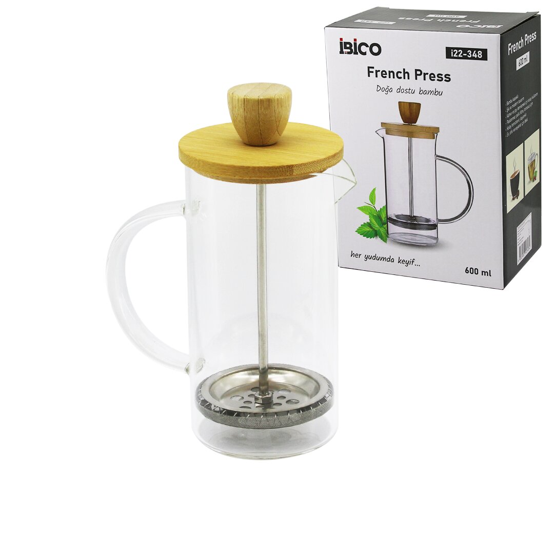 FRENCH PRESS BAMBU KAPAK 600ML CAM BİTKİ SÜZGEÇİ (5563)