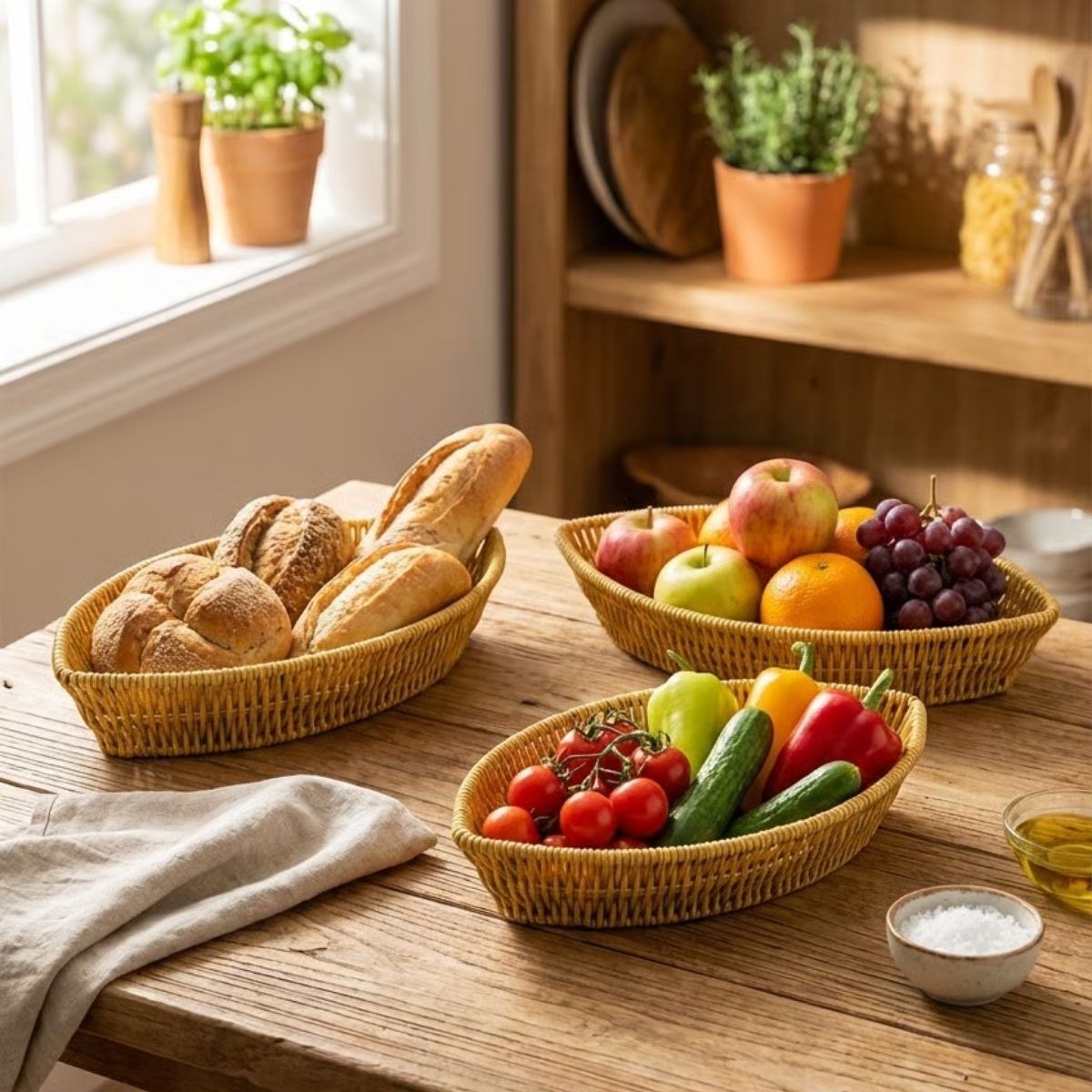 3-Piece Boat-Shaped Plastic Rattan Basket Set – Woven Bread,