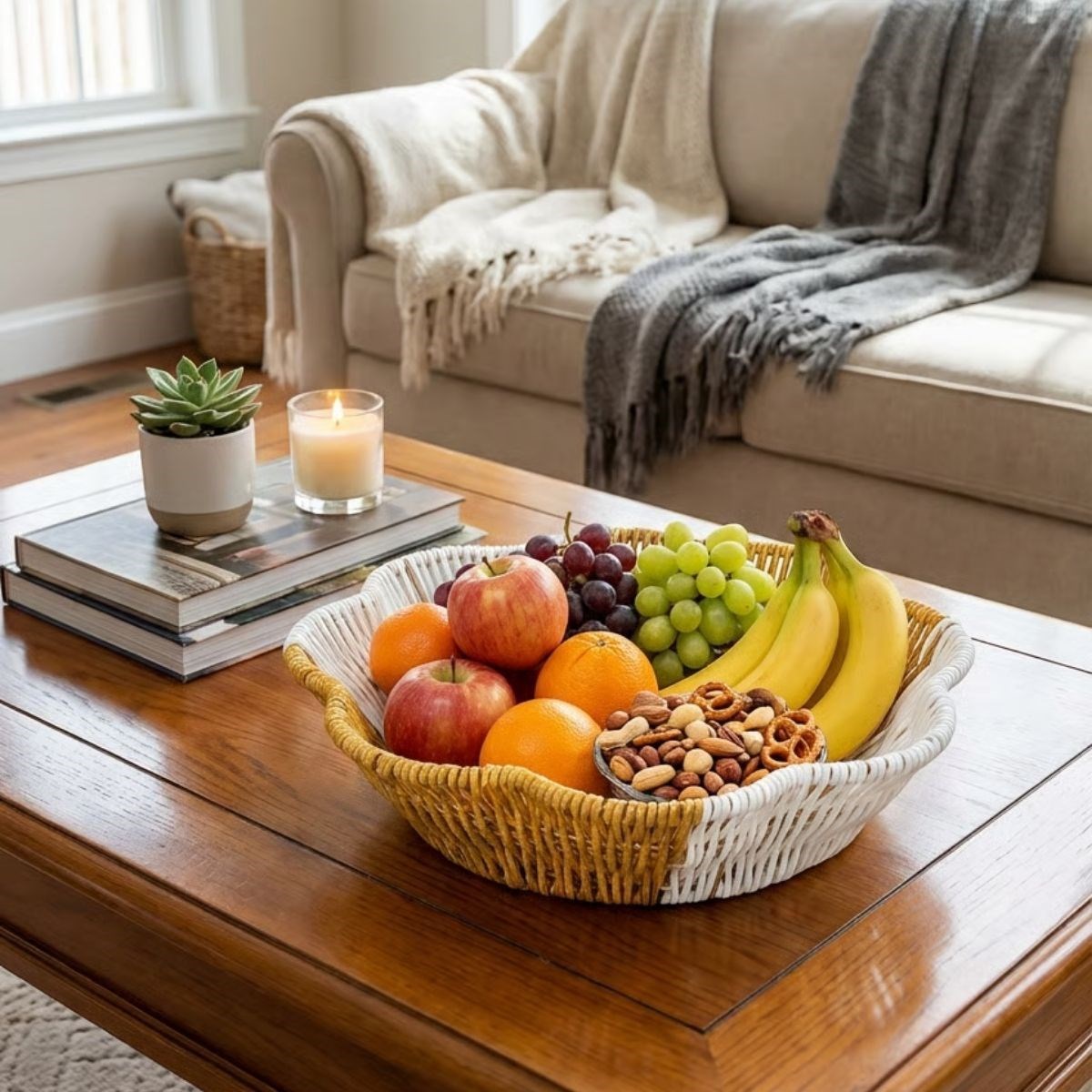 Flower Design Two-Tone Plastic Rattan Bread and Fruit Basket