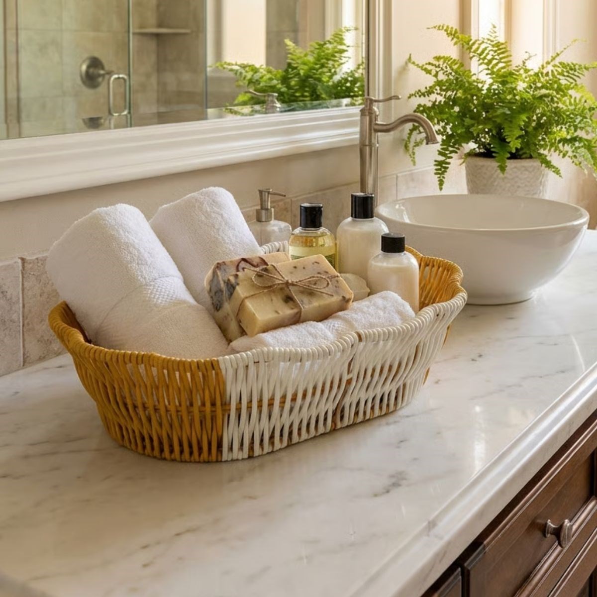 Oval Çift Renkli Plastik Rattan Ekmek ve Meyve Sepeti - Çok Amaçlı Banyo ve Mutfak Düzenleyici - Yıkanabilir Dekoratif Tezgâh Üstü Organiz (5563) #3