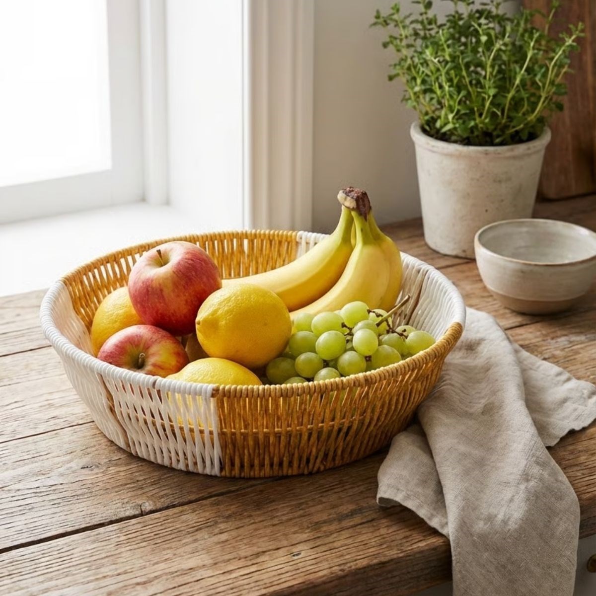 Yuvarlak Çift Renkli Plastik Rattan Ekmek ve Meyve Sepeti - Çok Amaçlı Banyo ve Mutfak Düzenleyici - Yıkanabilir Tezgâh Üstü Organizer (5563) #2