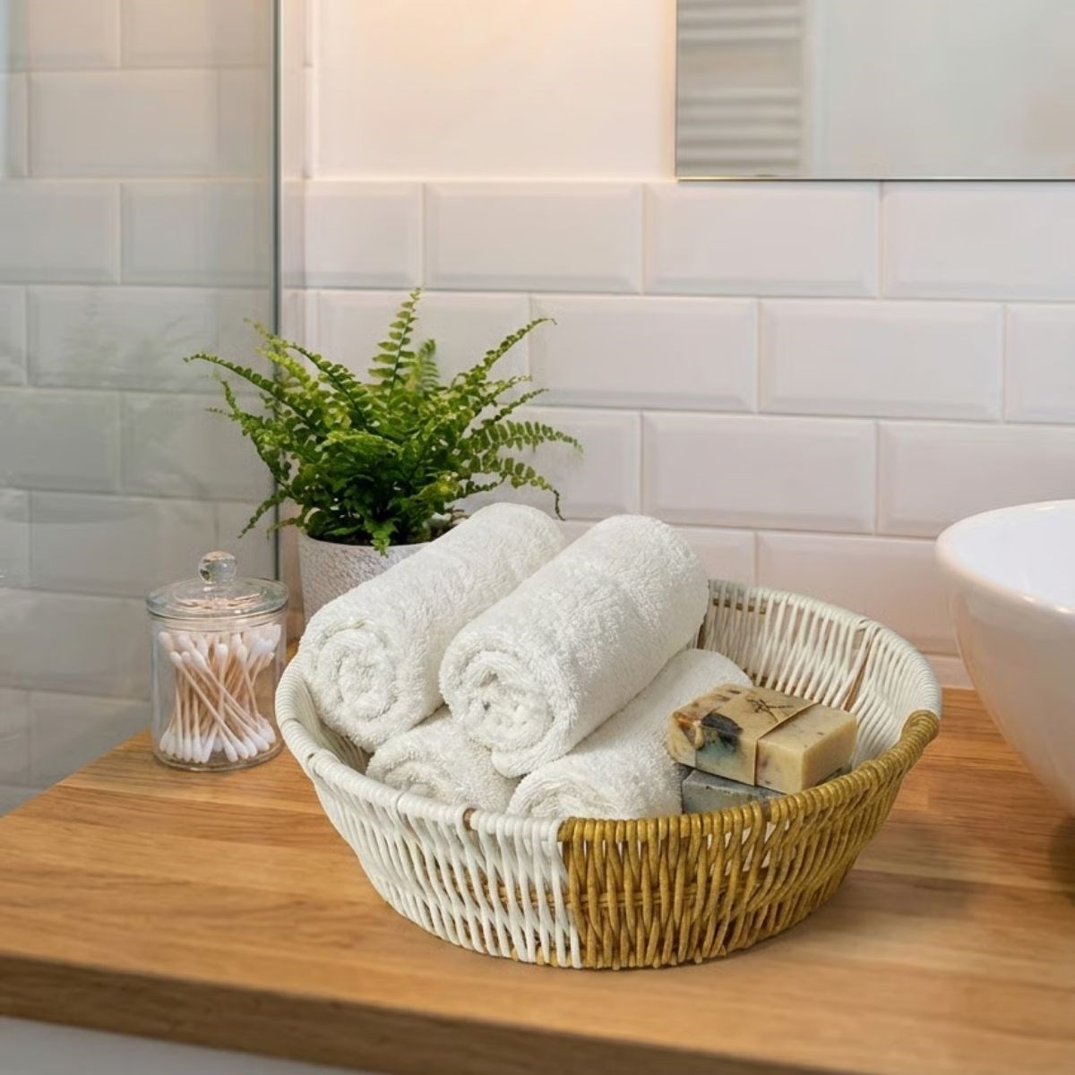 Yuvarlak Çift Renkli Plastik Rattan Ekmek ve Meyve Sepeti - Çok Amaçlı Banyo ve Mutfak Düzenleyici - Yıkanabilir Tezgâh Üstü Organizer (5563) #3