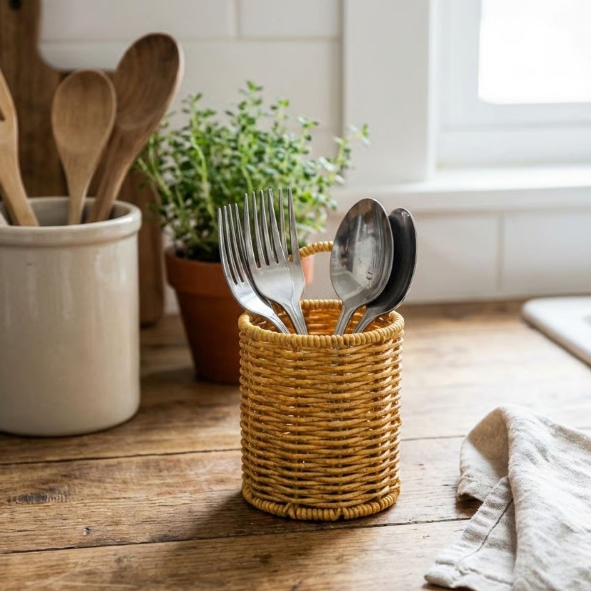 Yuvarlak Hasır Dokulu Plastik Rattan Kaşıklık &amp;amp; Çata