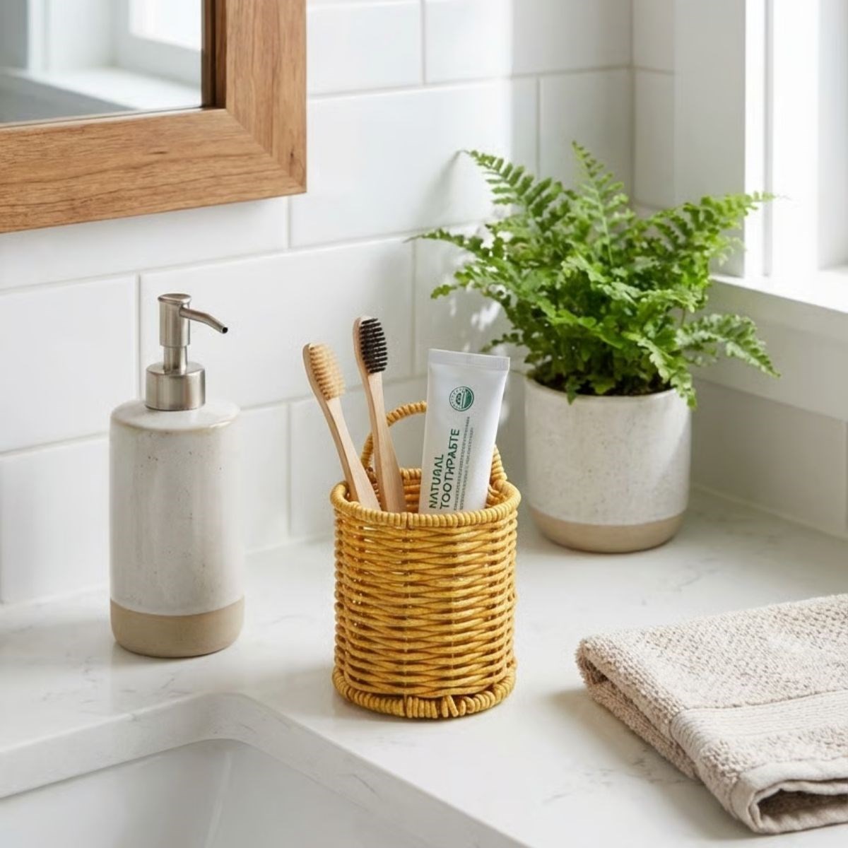 Yuvarlak Hasır Dokulu Plastik Rattan Kaşıklık &amp;amp; Çatallık – Askılı Kendiliğinden Tutmalı Çok Amaçlı Mutfak Organizeri (5563) #2