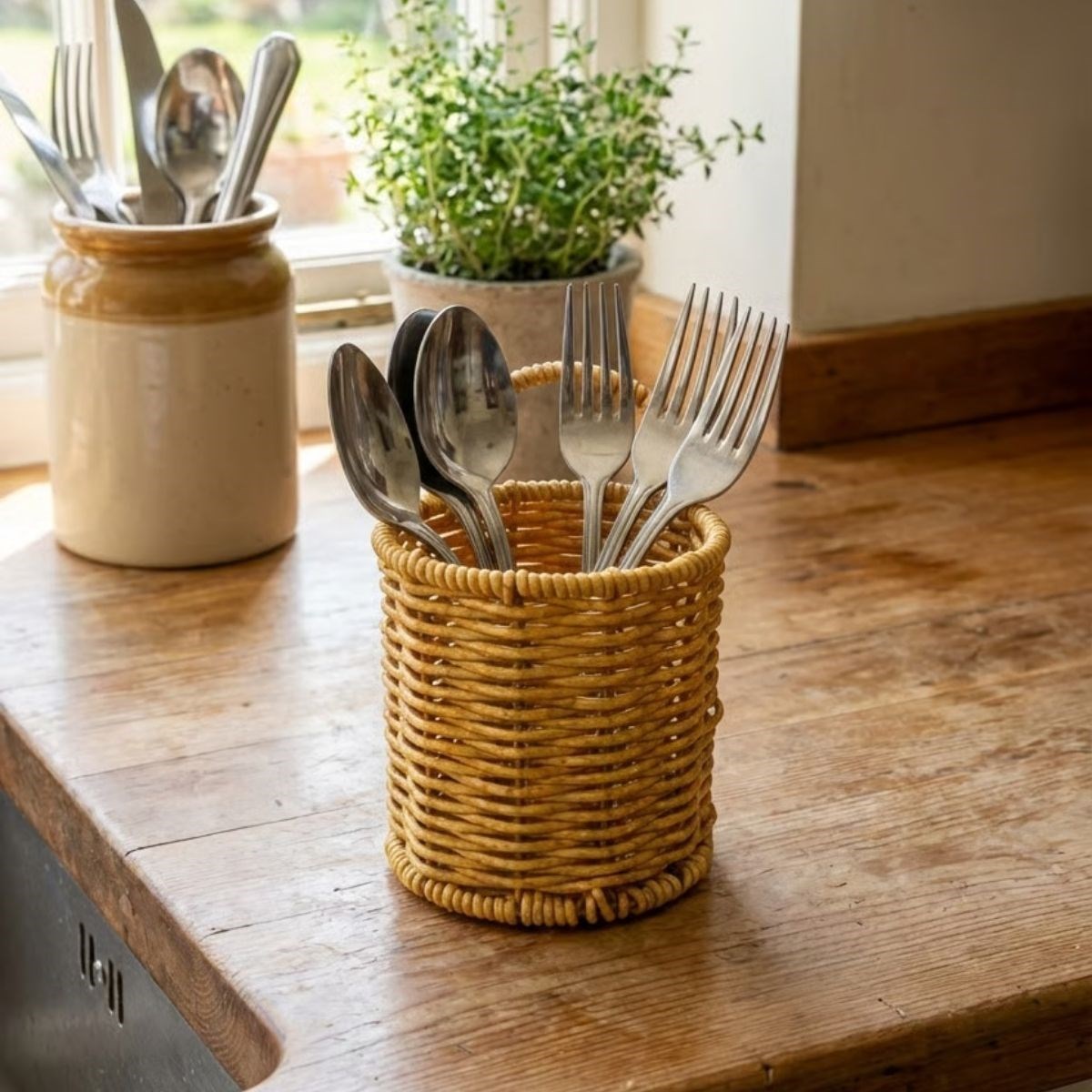 Yuvarlak Hasır Dokulu Plastik Rattan Kaşıklık &amp;amp; Çatallık – Askılı Kendiliğinden Tutmalı Çok Amaçlı Mutfak Organizeri (5563) #3