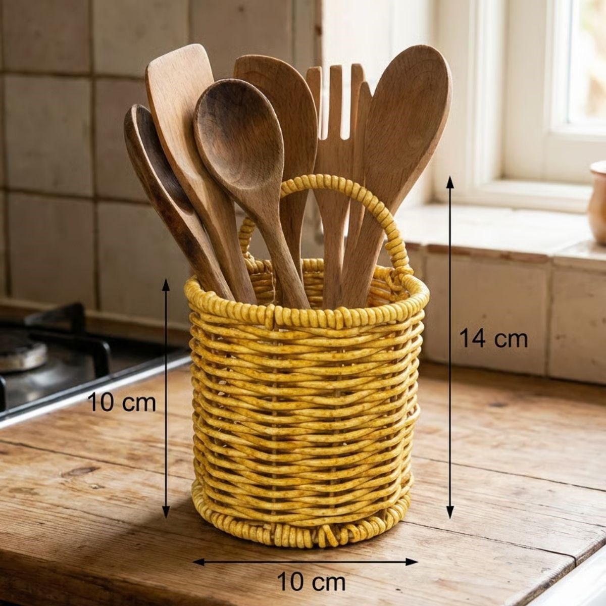 Yuvarlak Hasır Dokulu Plastik Rattan Kaşıklık &amp;amp; Çatallık – Askılı Kendiliğinden Tutmalı Çok Amaçlı Mutfak Organizeri (5563) #5