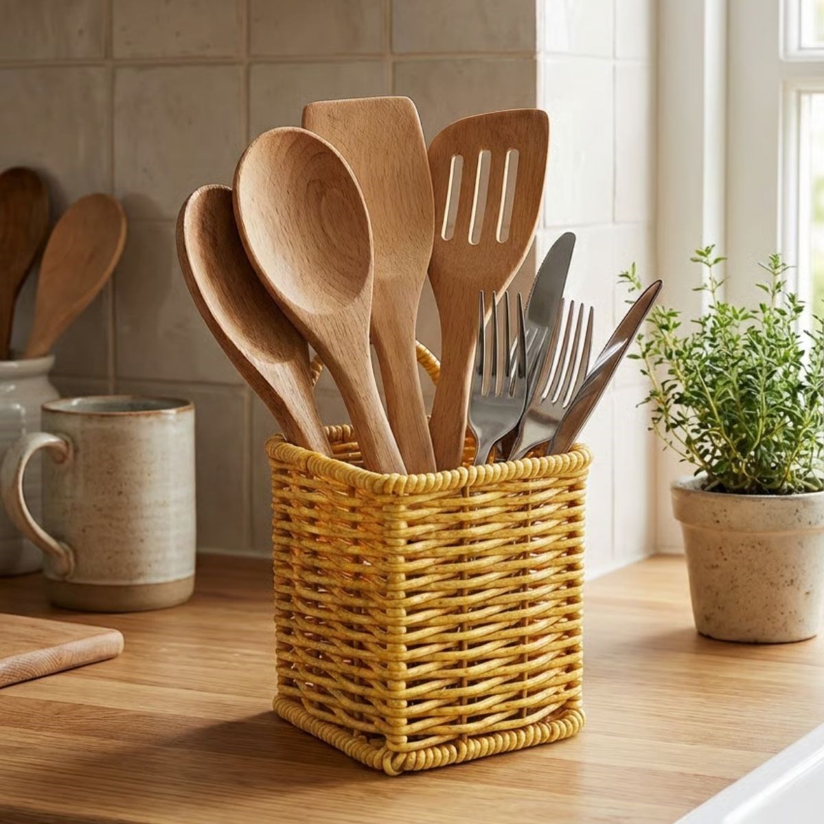 Kare Hasır Dokulu Plastik Rattan Kaşıklık &amp;amp; Çatallık – Askılı Kendiliğinden Tutmalı Çok Amaçlı Mutfak Organizeri (5563) #4