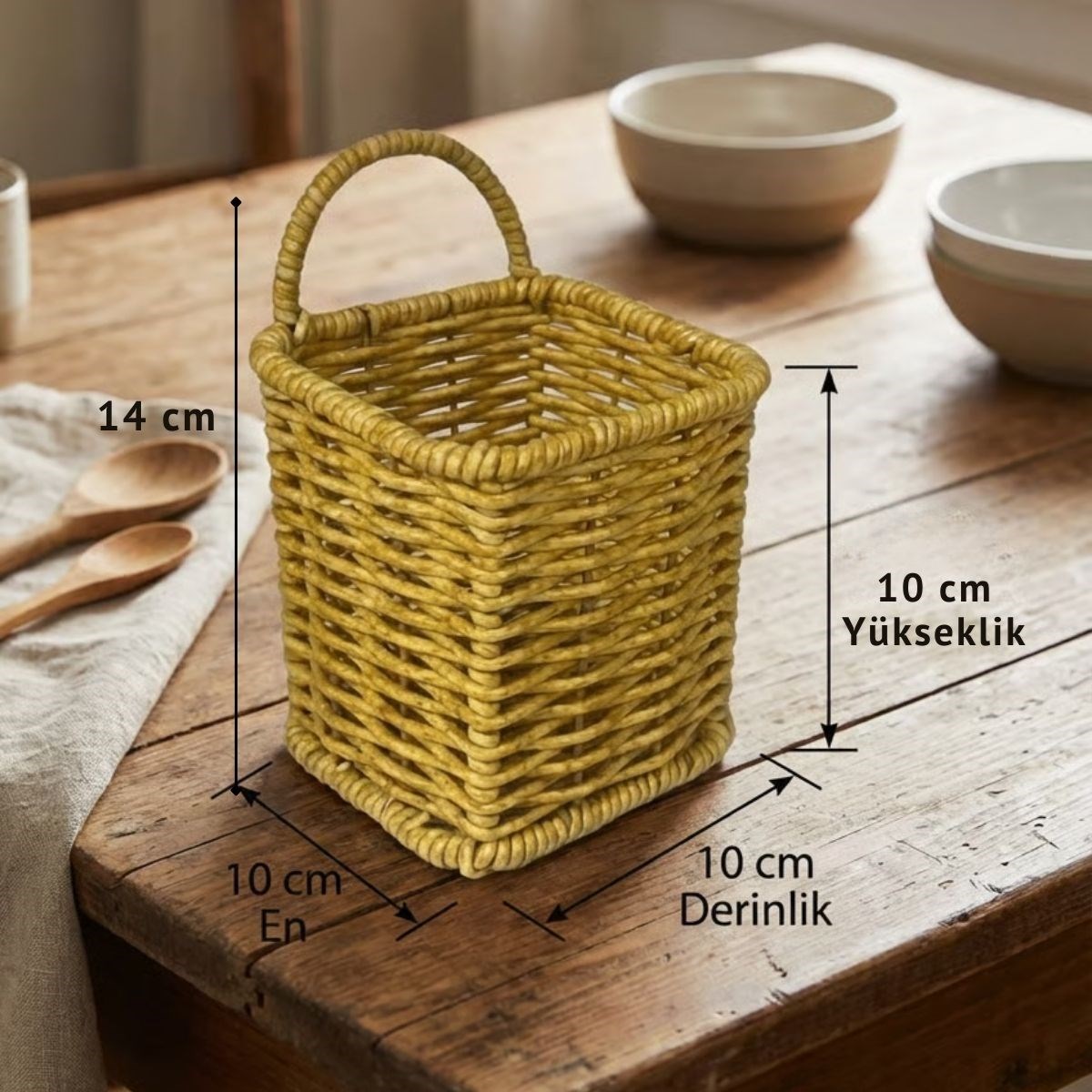 Kare Hasır Dokulu Plastik Rattan Kaşıklık &amp;amp; Çatallık – Askılı Kendiliğinden Tutmalı Çok Amaçlı Mutfak Organizeri (5563) #5