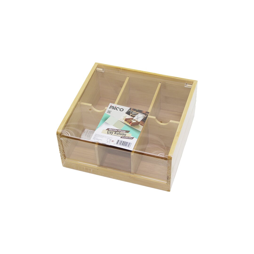 Wooden Bamboo 6-Compartment Tea Bag Box with Mica Plastic Li