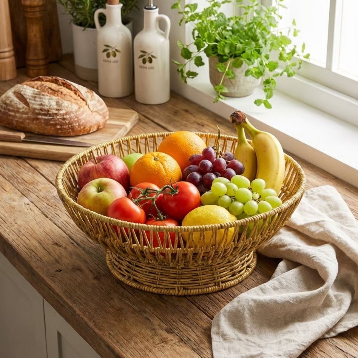 31 cm Plastik Rattan Servis Çanağı – Doğal Hasır Görünümlü Dekoratif Meyve, Ekmek ve Sunum Kasesi (5563) #2