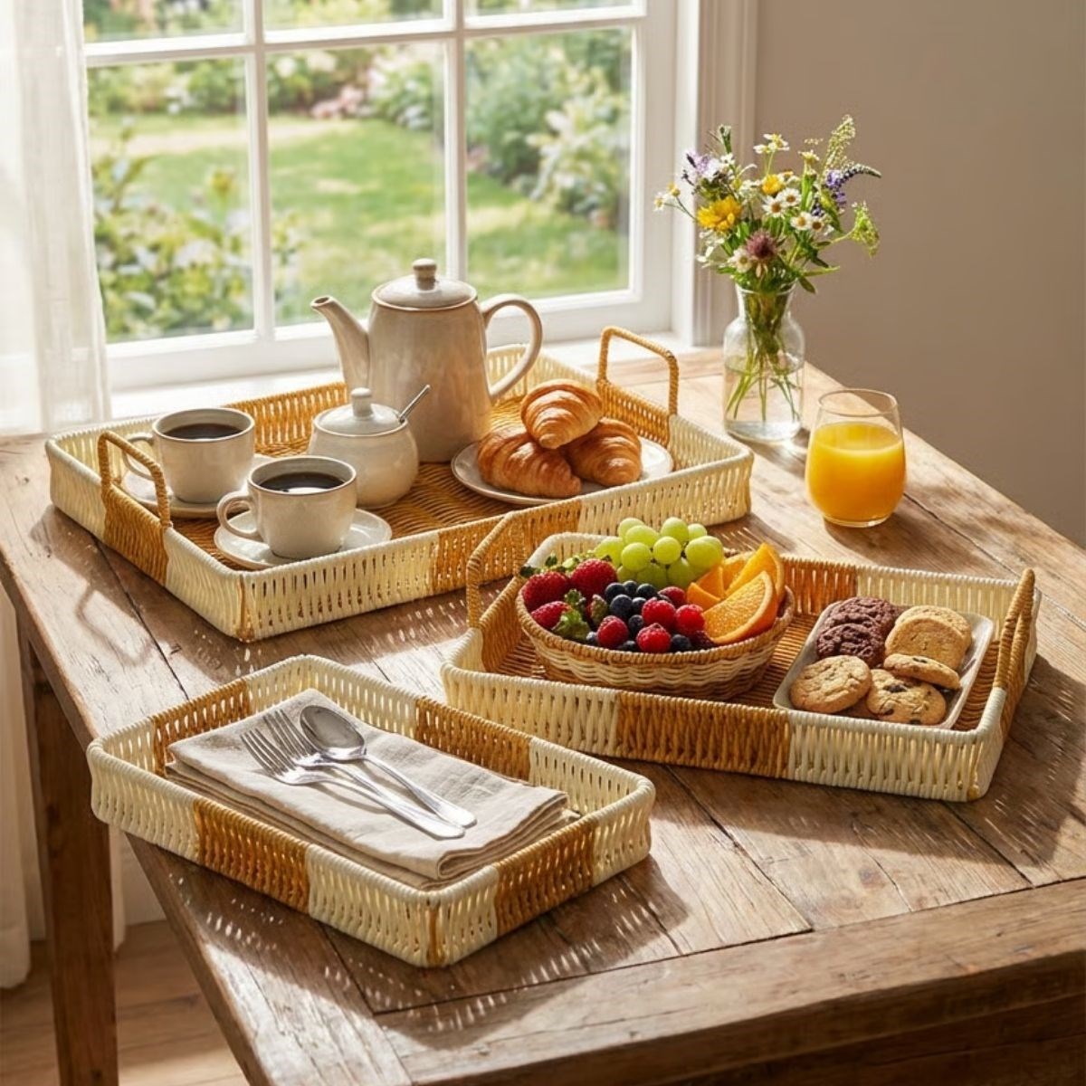 İç İçe Geçebilen 3’lü Dikdörtgen Plastik Rattan Tepsi Seti–Çift Renkli Hasır Görünümlü Çok Amaçlı Servis ve Sunum Tepsileri (5563) #2