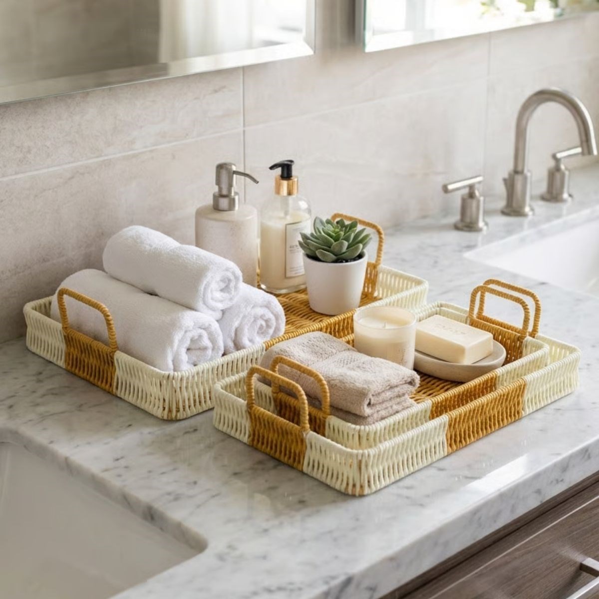 İç İçe Geçebilen 3’lü Dikdörtgen Plastik Rattan Tepsi Seti–Çift Renkli Hasır Görünümlü Çok Amaçlı Servis ve Sunum Tepsileri (5563) #3