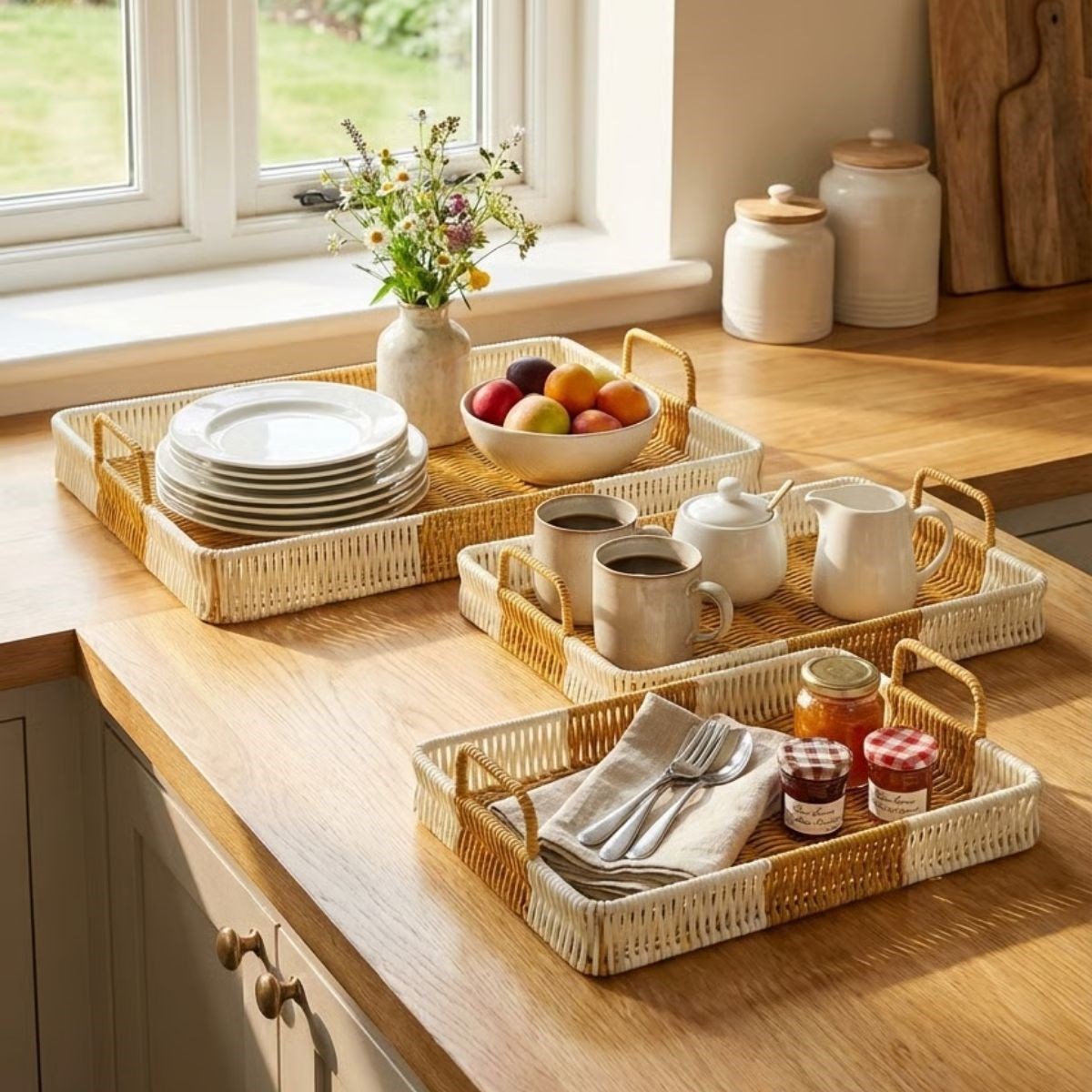 İç İçe Geçebilen 3’lü Dikdörtgen Plastik Rattan Tepsi Seti–Çift Renkli Hasır Görünümlü Çok Amaçlı Servis ve Sunum Tepsileri (5563) #4