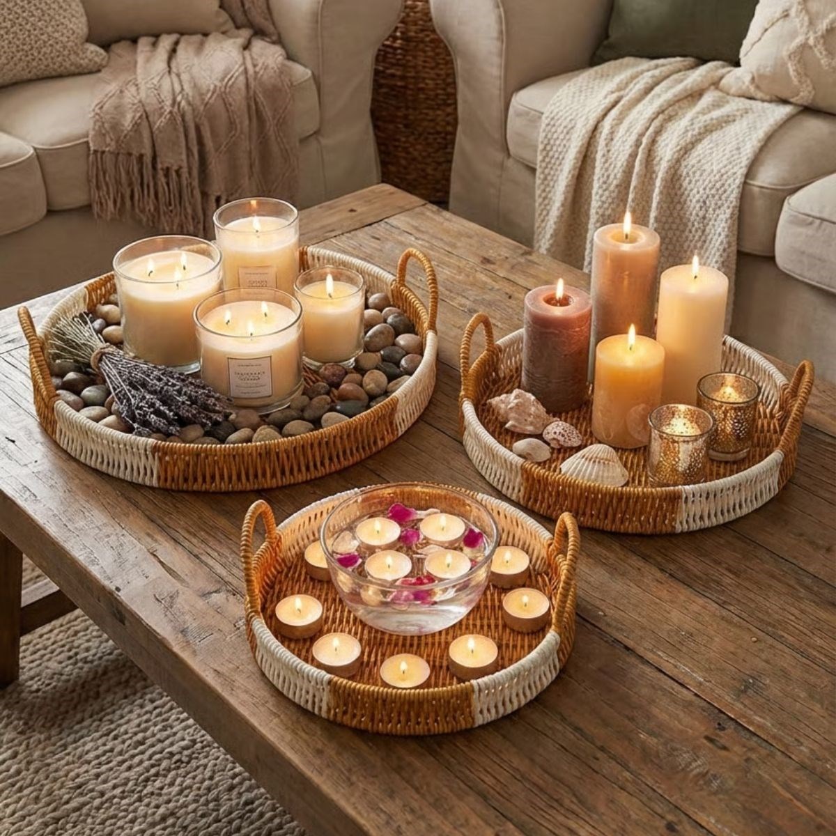 İç İçe Geçebilen 3’lü Yuvarlak Plastik Rattan Tepsi Seti–Çift Renkli Hasır Görünümlü Çok Amaçlı Servis ve Sunum Tepsileri (5563) #2