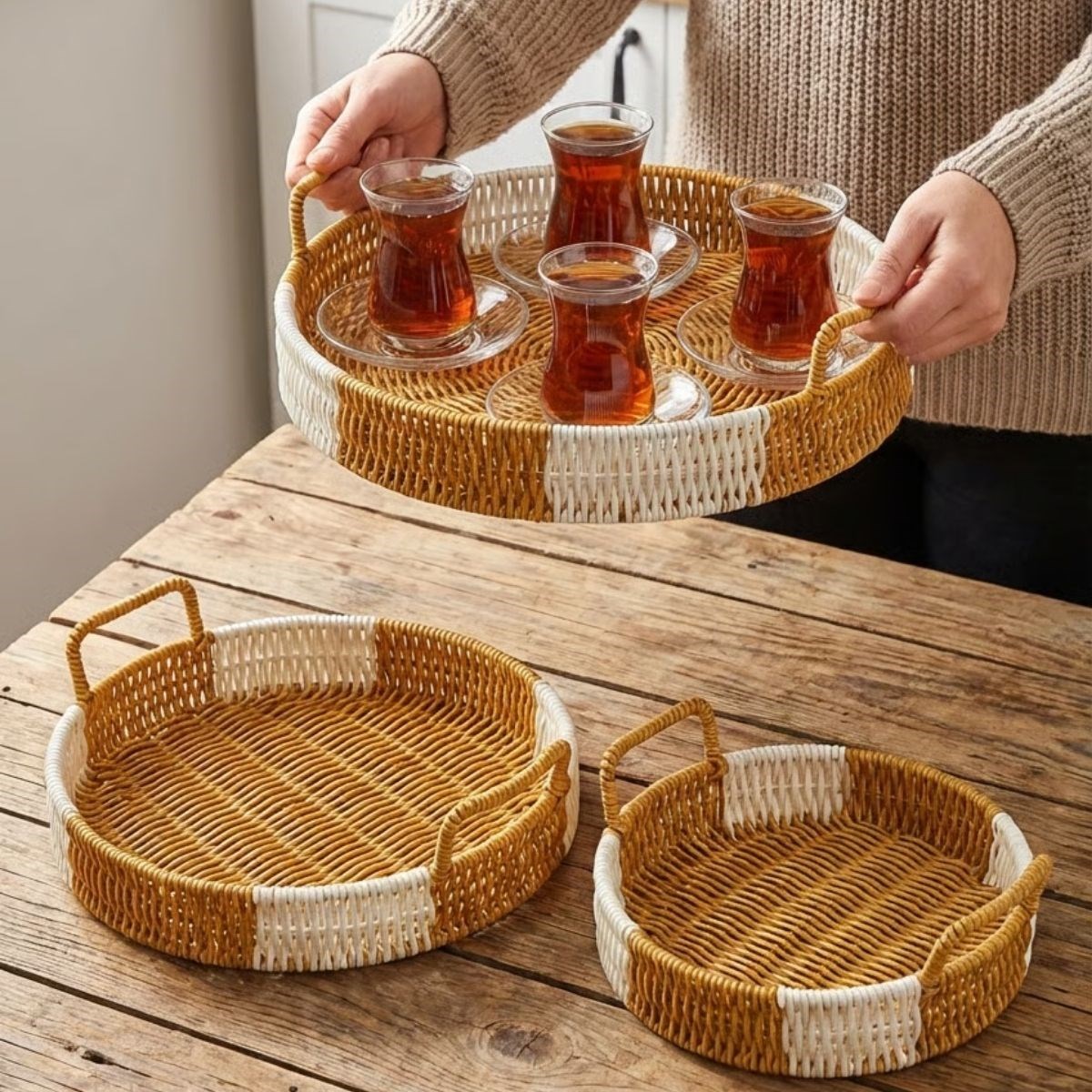 İç İçe Geçebilen 3’lü Yuvarlak Plastik Rattan Tepsi Seti–Çift Renkli Hasır Görünümlü Çok Amaçlı Servis ve Sunum Tepsileri (5563) #3