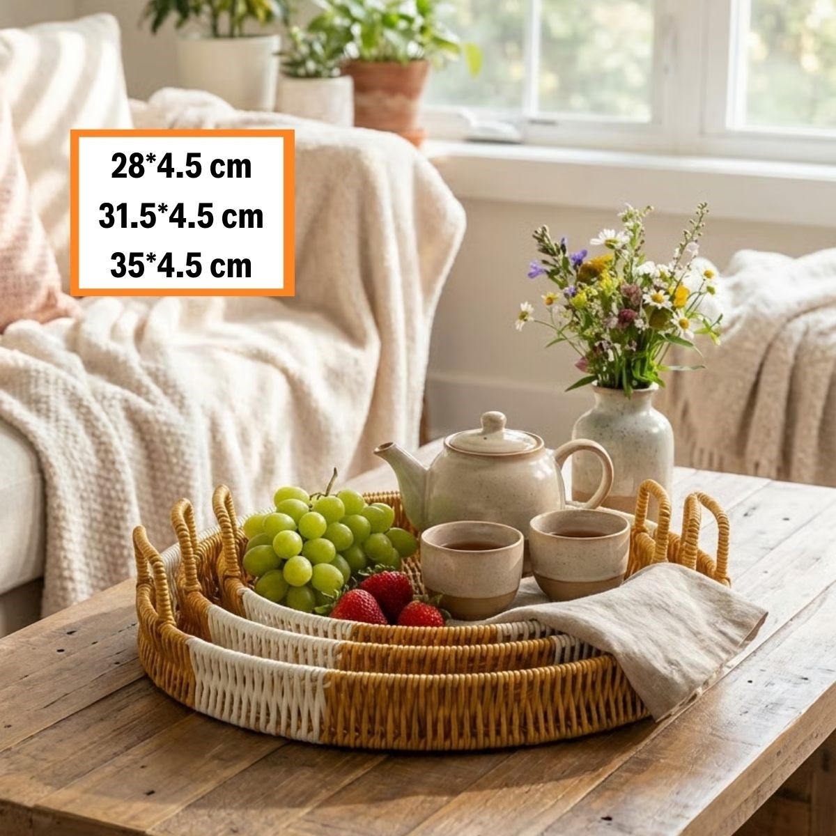 İç İçe Geçebilen 3’lü Yuvarlak Plastik Rattan Tepsi Seti–Çift Renkli Hasır Görünümlü Çok Amaçlı Servis ve Sunum Tepsileri (5563) #4