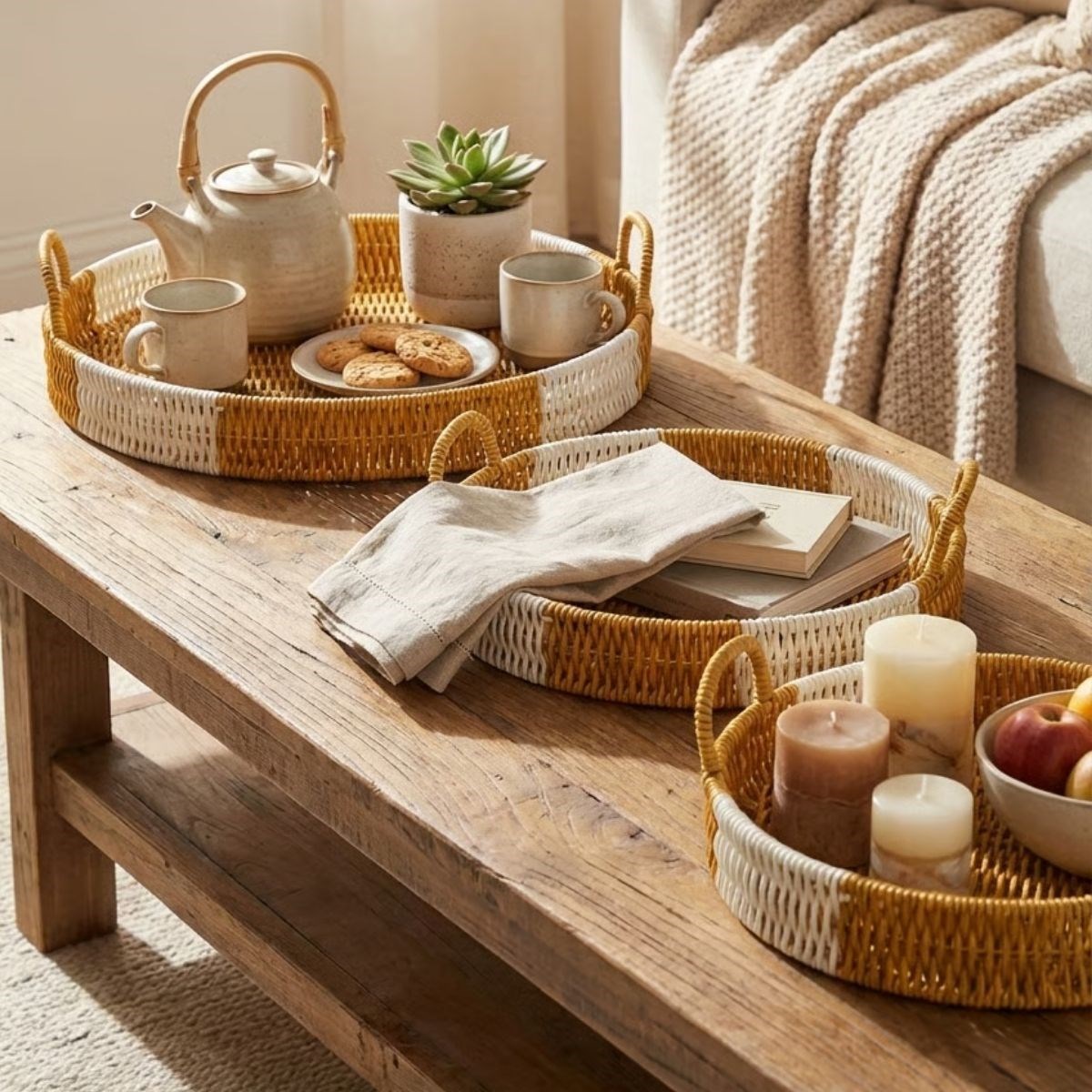 İç İçe Geçebilen 3’lü Yuvarlak Plastik Rattan Tepsi Seti–Çift Renkli Hasır Görünümlü Çok Amaçlı Servis ve Sunum Tepsileri (5563) #5